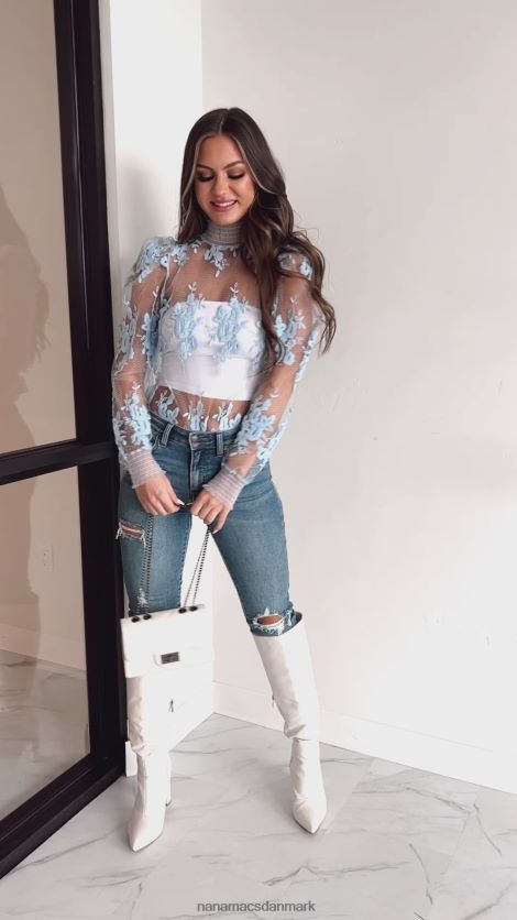 forelsket i din gennemsigtige mesh mock-neck top NanaMacs XJPBDL1232 støvet blå