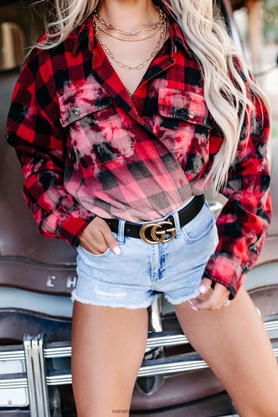 fri dig selv bleget plaid flannel top NanaMacs XJPBDL1780 rød/sort