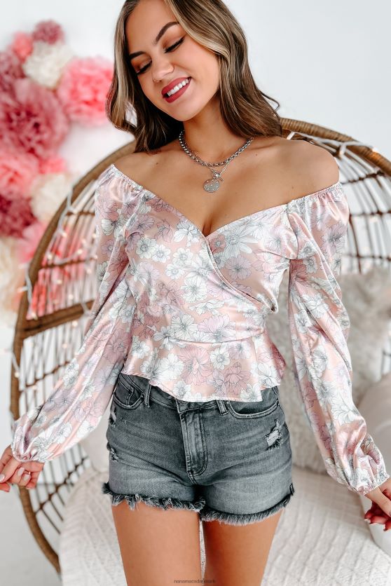 gør din skæbne blomstret langærmet top NanaMacs XJPBDL1782 støvet fersken