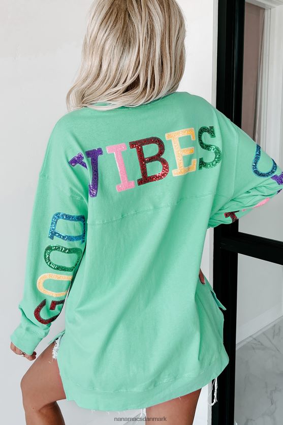 good vibes only oversized langærmet pailletter grafisk top NanaMacs XJPBDL771 mynte