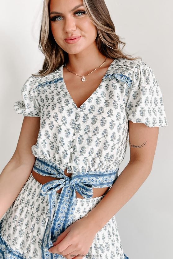 gratis ærlig blomstret slips foran top NanaMacs XJPBDL876 blå/elfenben