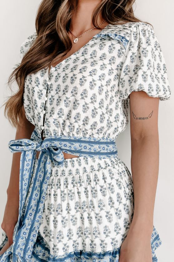 gratis ærlig blomstret slips foran top NanaMacs XJPBDL876 blå/elfenben