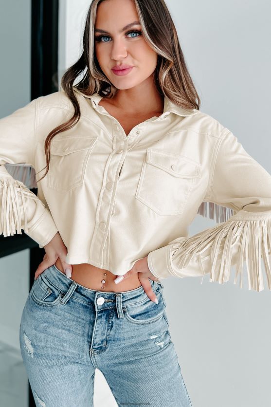 kicking up dust knap front frynser langærmet top NanaMacs XJPBDL1760 fløde