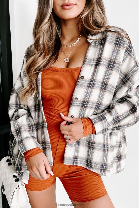nye høje, lave oversize plaid top med knap-down NanaMacs XJPBDL1779 marineblå/taupe