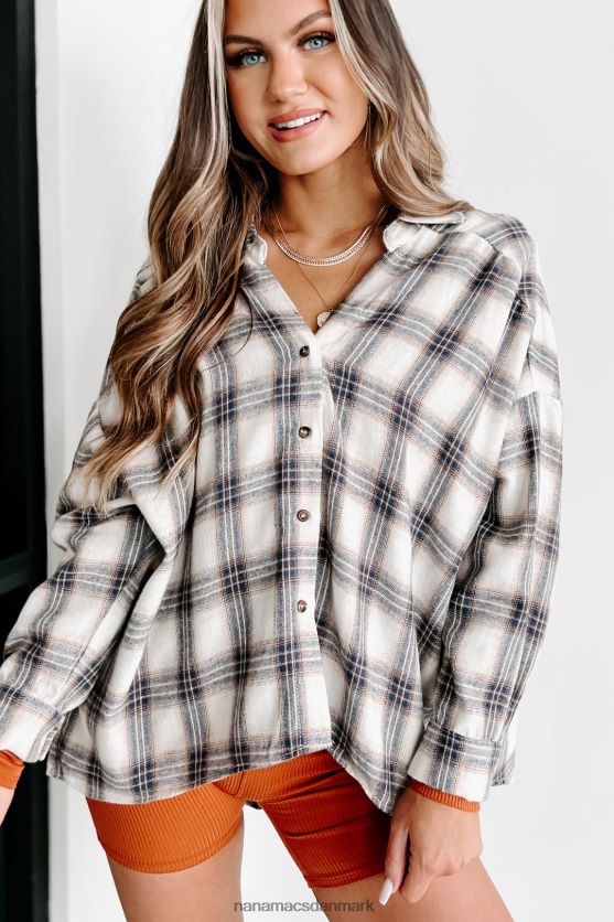 nye høje, lave oversize plaid top med knap-down NanaMacs XJPBDL1779 marineblå/taupe