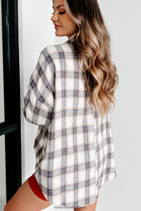 nye høje, lave oversize plaid top med knap-down NanaMacs XJPBDL1779 marineblå/taupe