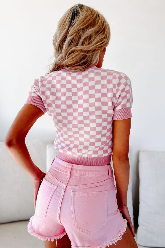 staying on trend checker print button-up cropped sweater top NanaMacs XJPBDL1448 lyserød