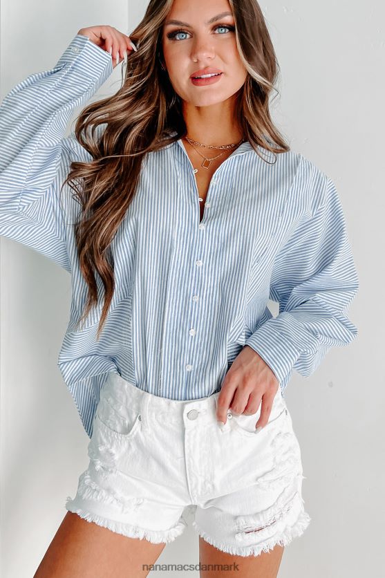 tæller dagene stribet langærmet top med knap foran NanaMacs XJPBDL885 blå/hvid