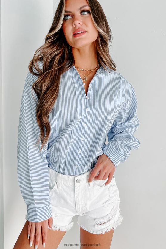 tæller dagene stribet langærmet top med knap foran NanaMacs XJPBDL885 blå/hvid