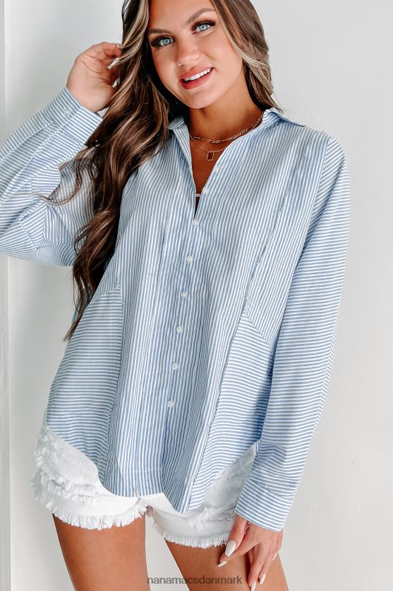 tæller dagene stribet langærmet top med knap foran NanaMacs XJPBDL885 blå/hvid