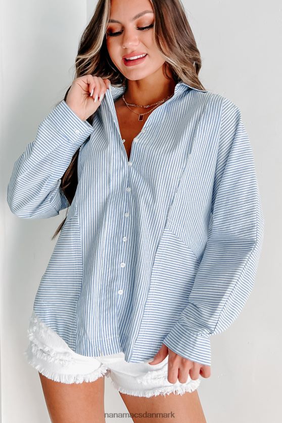 tæller dagene stribet langærmet top med knap foran NanaMacs XJPBDL885 blå/hvid