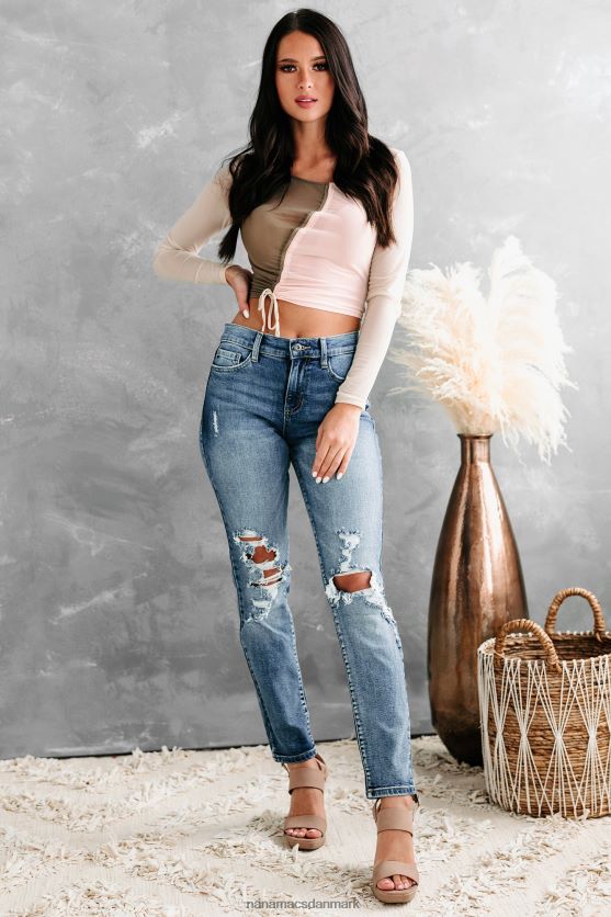 zalma colour block mesh langærmet top NanaMacs XJPBDL987 oliven/lyserød