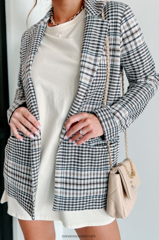 beregnende bevægelser plaid åben front blazer NanaMacs XJPBDL3632 elfenben/brun