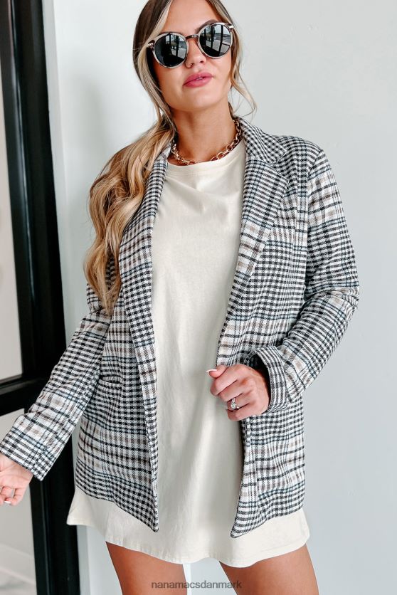 beregnende bevægelser plaid åben front blazer NanaMacs XJPBDL3632 elfenben/brun