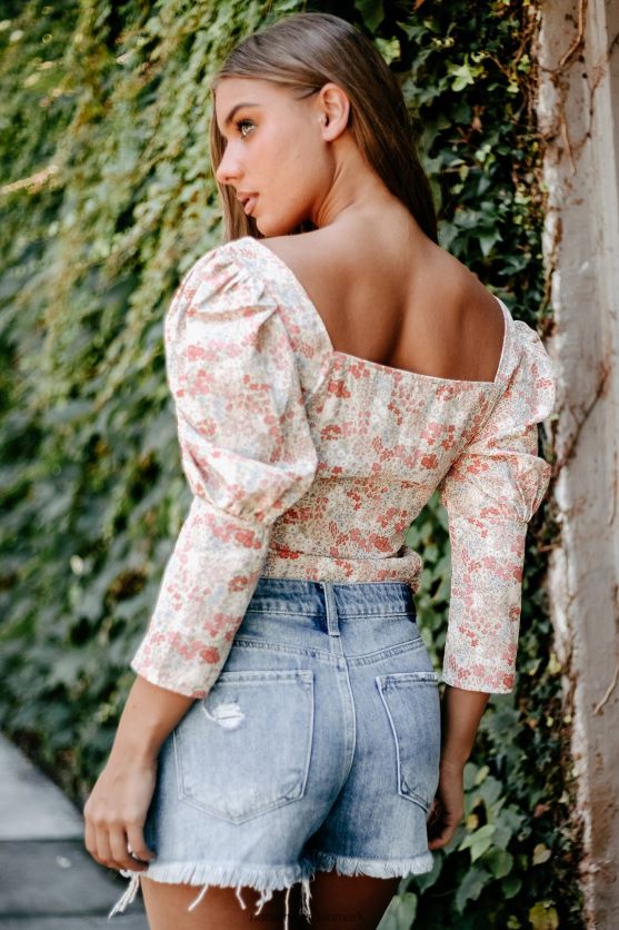 blomstret finaleprintet top med 3/4 ærmer NanaMacs XJPBDL1711 creme multi