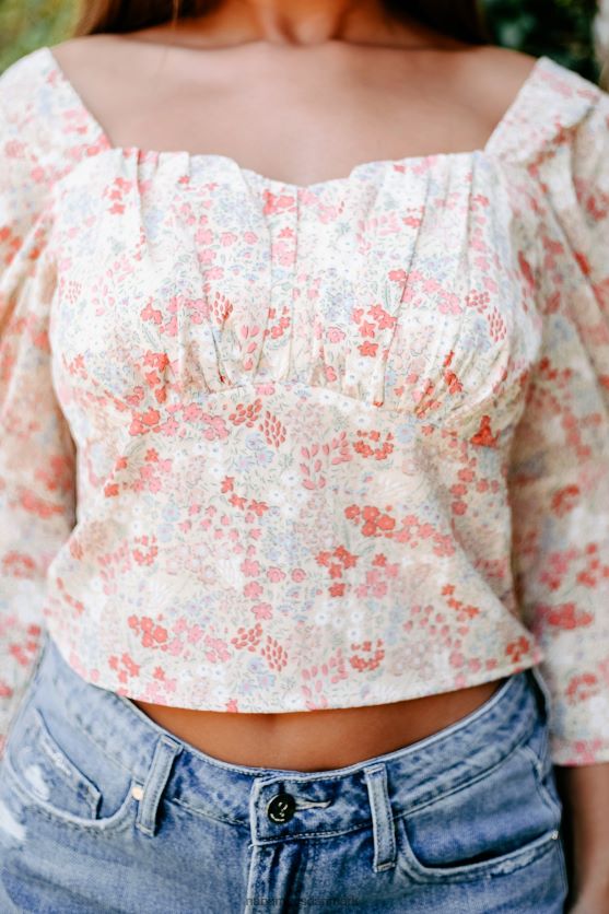 blomstret finaleprintet top med 3/4 ærmer NanaMacs XJPBDL1711 creme multi