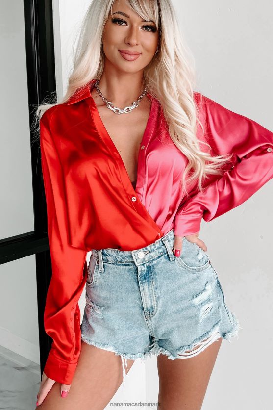 dybt rørt satin colorblock top NanaMacs XJPBDL1708 fuchsia/rød