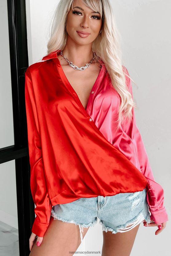 dybt rørt satin colorblock top NanaMacs XJPBDL1708 fuchsia/rød