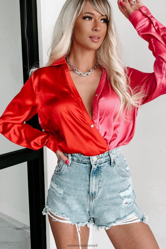 dybt rørt satin colorblock top NanaMacs XJPBDL1708 fuchsia/rød
