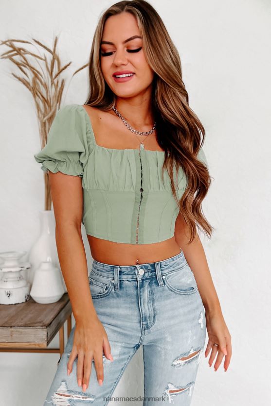 romantisk top med puffærmer med krog foran NanaMacs XJPBDL963 salvie