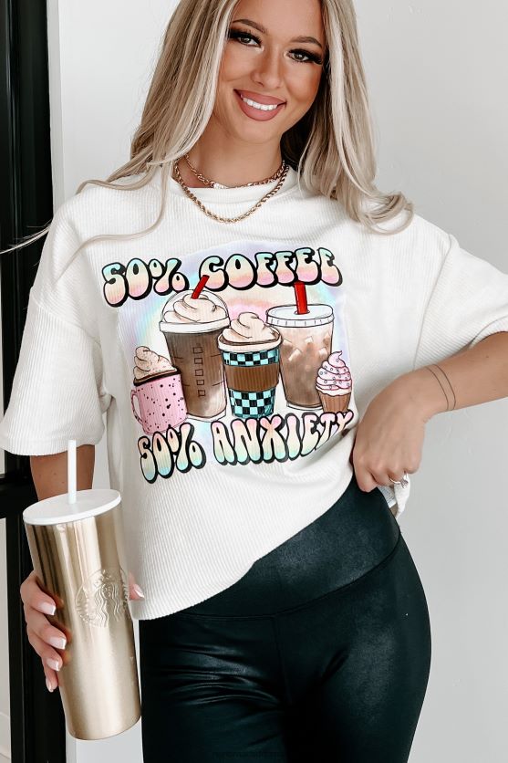 50% kaffe 50% angst kortærmet grafisk top med ledning NanaMacs XJPBDL3594 elfenben