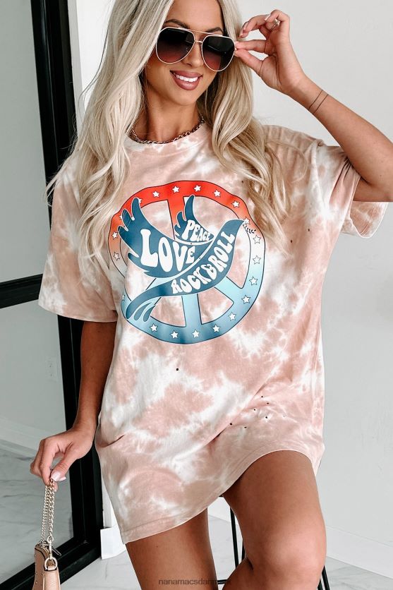 peace love rock roll oversized distressed tie-dye grafisk t-shirt NanaMacs XJPBDL1078 pastel pink