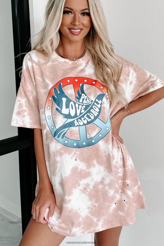 peace love rock roll oversized distressed tie-dye grafisk t-shirt NanaMacs XJPBDL1078 pastel pink