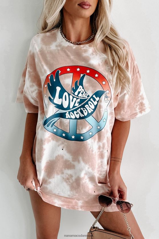 peace love rock roll oversized distressed tie-dye grafisk t-shirt NanaMacs XJPBDL1078 pastel pink