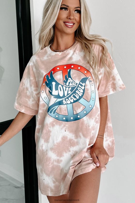 peace love rock roll oversized distressed tie-dye grafisk t-shirt NanaMacs XJPBDL1078 pastel pink