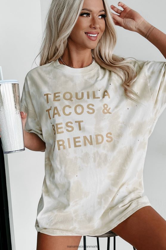 tequila tacos bedste venner oversized distressed tie-dye grafisk t-shirt NanaMacs XJPBDL1083 kaki
