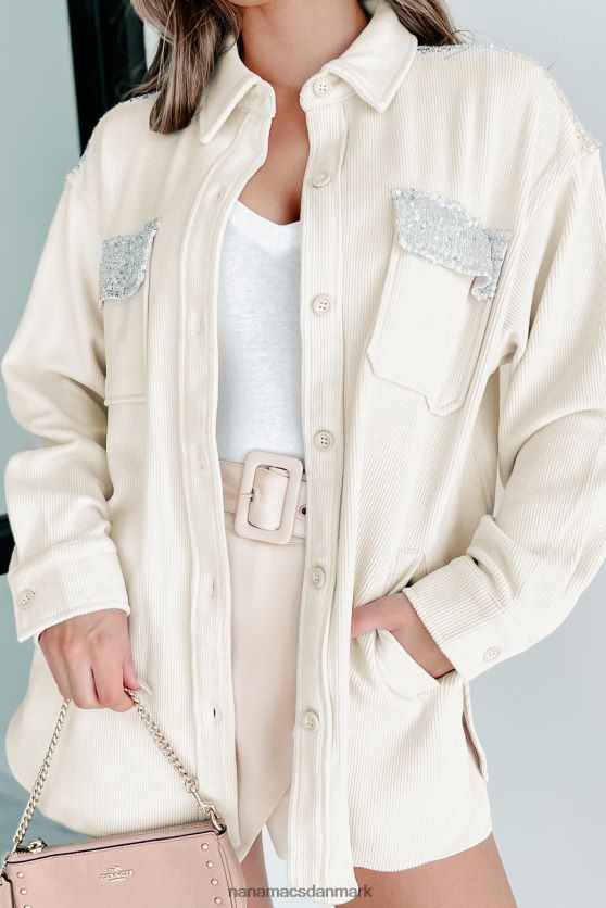 afslappet boujee ribbet pailletter detaljeret shacket NanaMacs XJPBDL3664 creme/sølv