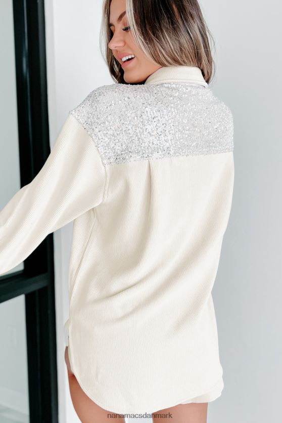 afslappet boujee ribbet pailletter detaljeret shacket NanaMacs XJPBDL3664 creme/sølv