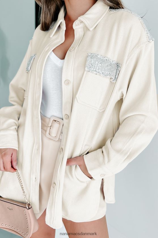 afslappet boujee ribbet pailletter detaljeret shacket NanaMacs XJPBDL3664 creme/sølv