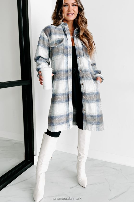 bare være sikker på lang plaid shacket NanaMacs XJPBDL3647 blå/mokka/hvid