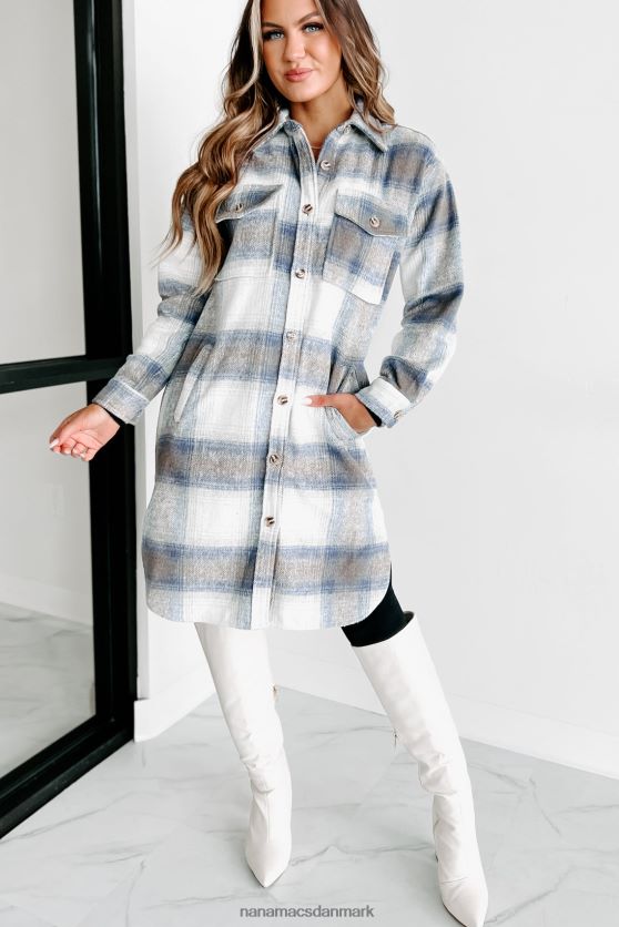 bare være sikker på lang plaid shacket NanaMacs XJPBDL3647 blå/mokka/hvid