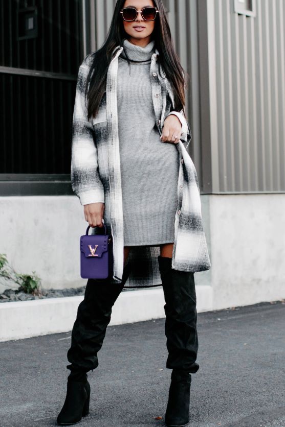 bare være sikker på lang plaid shacket NanaMacs XJPBDL3676 sort/grå/hvid