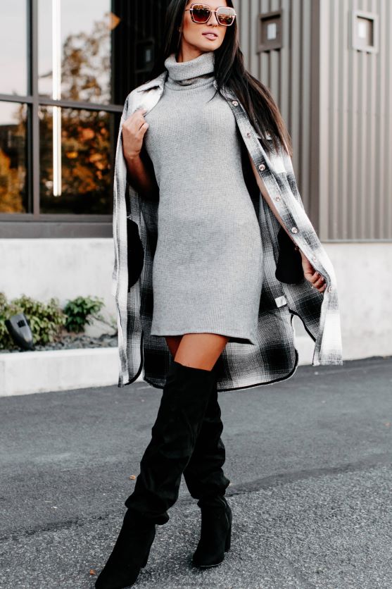 bare være sikker på lang plaid shacket NanaMacs XJPBDL3676 sort/grå/hvid