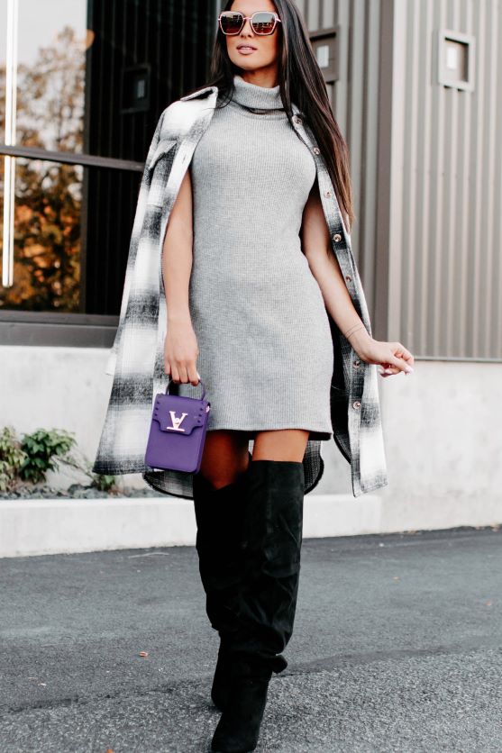 bare være sikker på lang plaid shacket NanaMacs XJPBDL3676 sort/grå/hvid