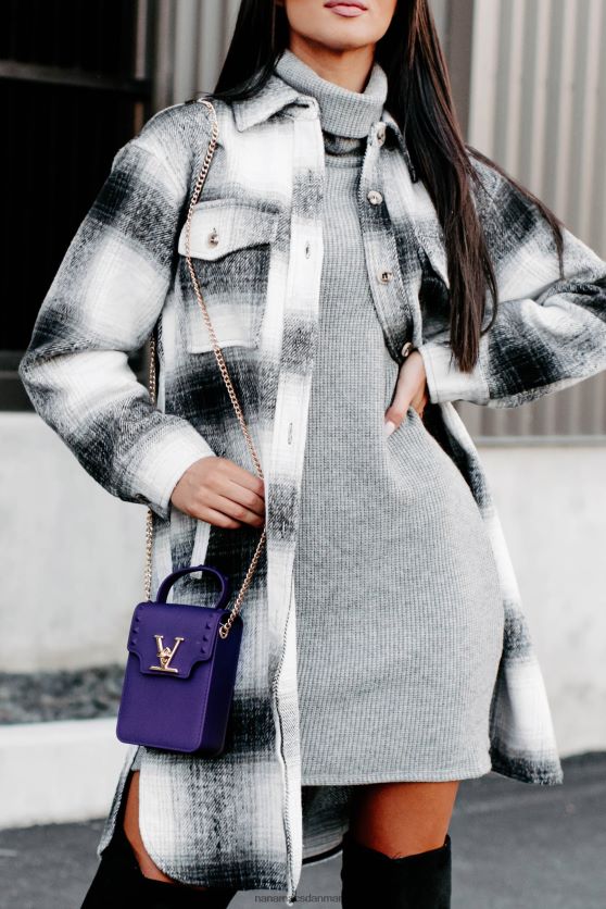 bare være sikker på lang plaid shacket NanaMacs XJPBDL3676 sort/grå/hvid