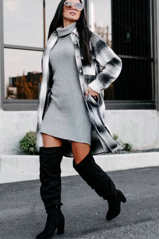 bare være sikker på lang plaid shacket NanaMacs XJPBDL3676 sort/grå/hvid