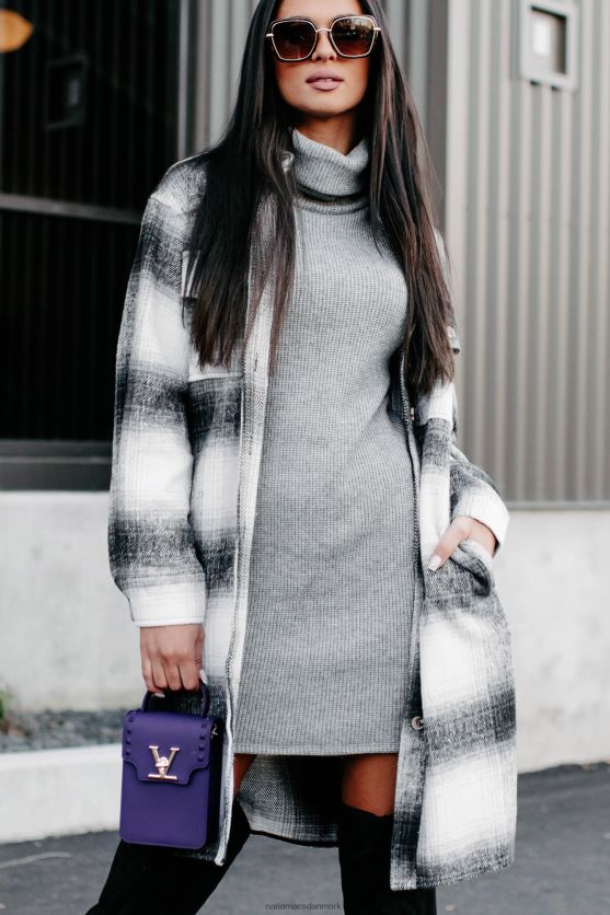 bare være sikker på lang plaid shacket NanaMacs XJPBDL3676 sort/grå/hvid