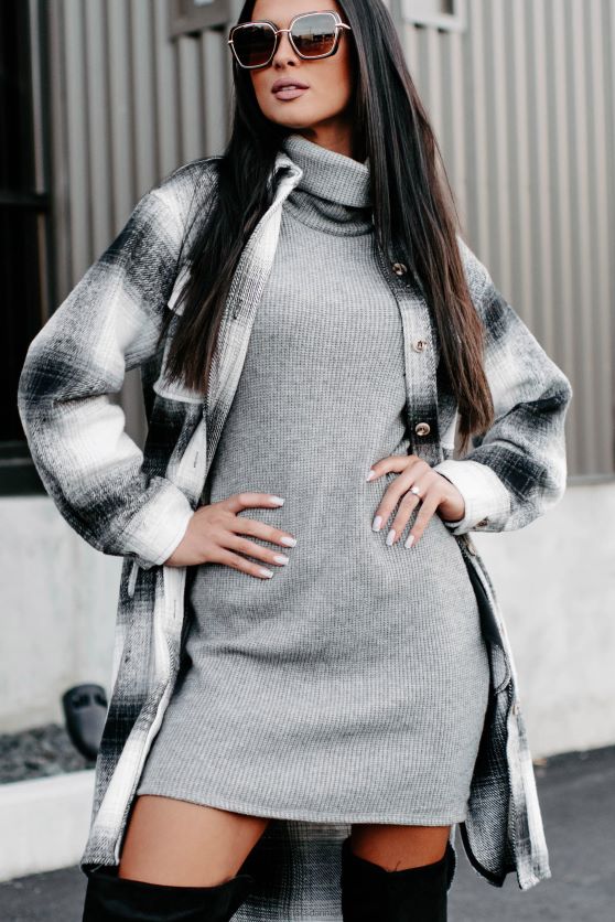 bare være sikker på lang plaid shacket NanaMacs XJPBDL3676 sort/grå/hvid