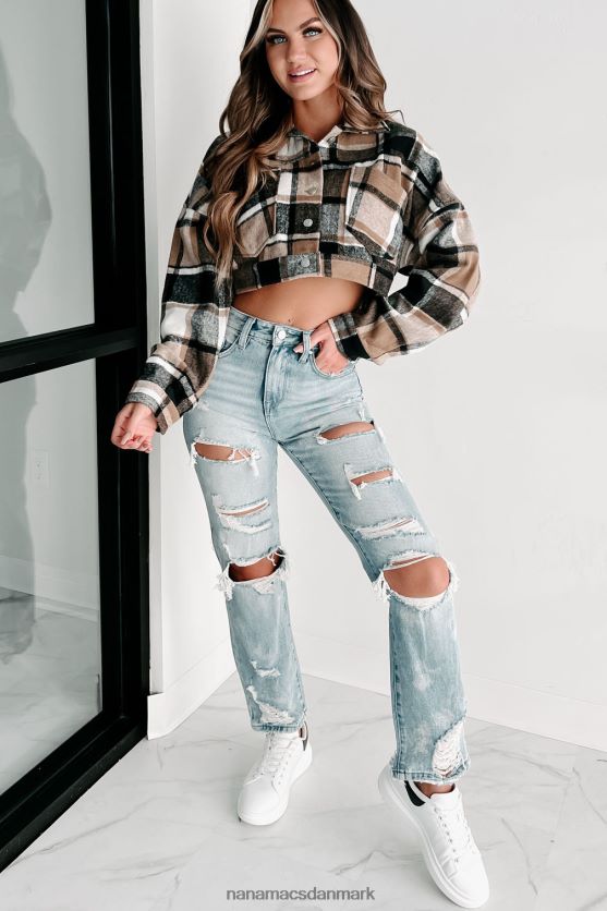 dækkende spor plaid beskåret shacket NanaMacs XJPBDL3656 sort/taupe