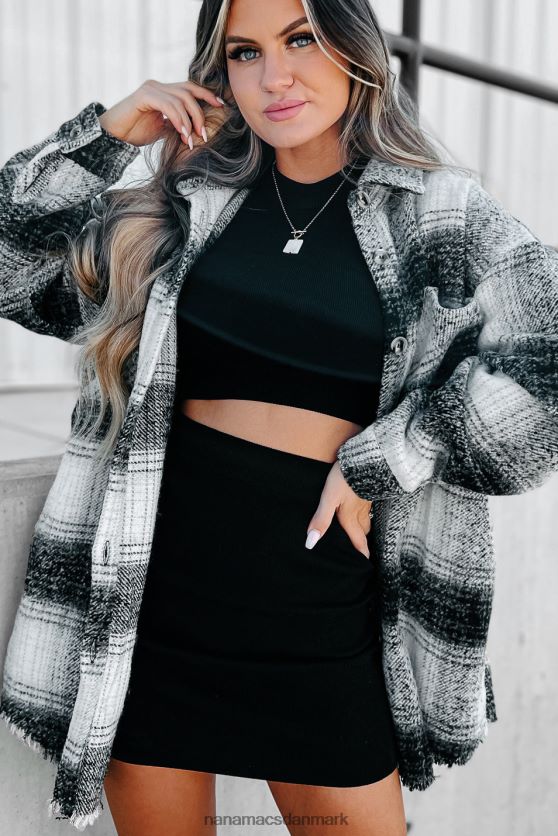 feberagtig for efterår lang plaid shacket NanaMacs XJPBDL3700 sort