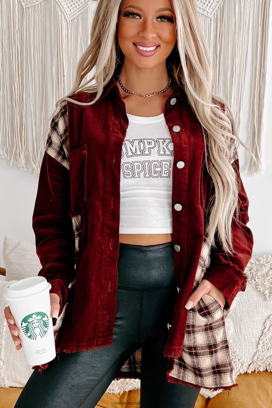 omfavnende skifte fløjlsbuks/plaid shacket NanaMacs XJPBDL3677 bordeaux combo