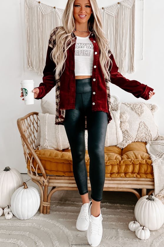 omfavnende skifte fløjlsbuks/plaid shacket NanaMacs XJPBDL3677 bordeaux combo