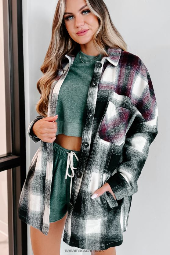 på vej mod nord overdimensioneret colourblock plaid shacket NanaMacs XJPBDL3684 sort/burgunder