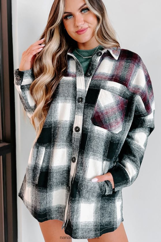 på vej mod nord overdimensioneret colourblock plaid shacket NanaMacs XJPBDL3684 sort/burgunder