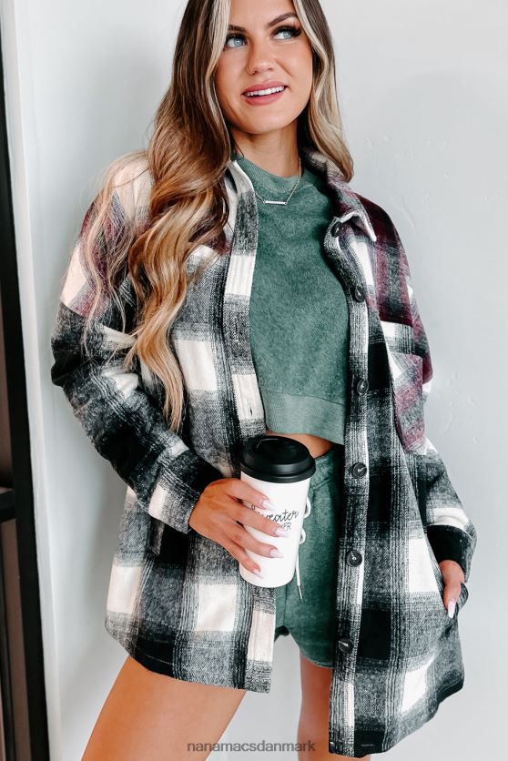 på vej mod nord overdimensioneret colourblock plaid shacket NanaMacs XJPBDL3684 sort/burgunder