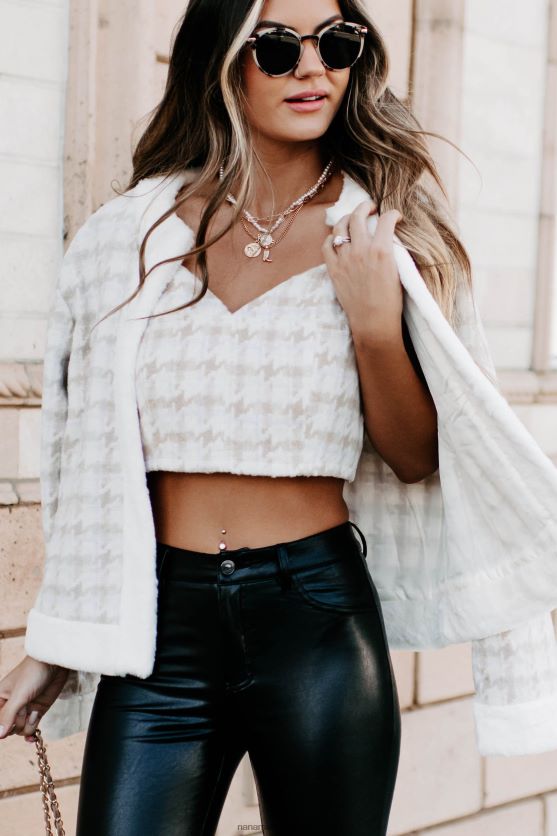 begavet med ynde, houndstooth pels trimmet jakke NanaMacs XJPBDL1645 fløde